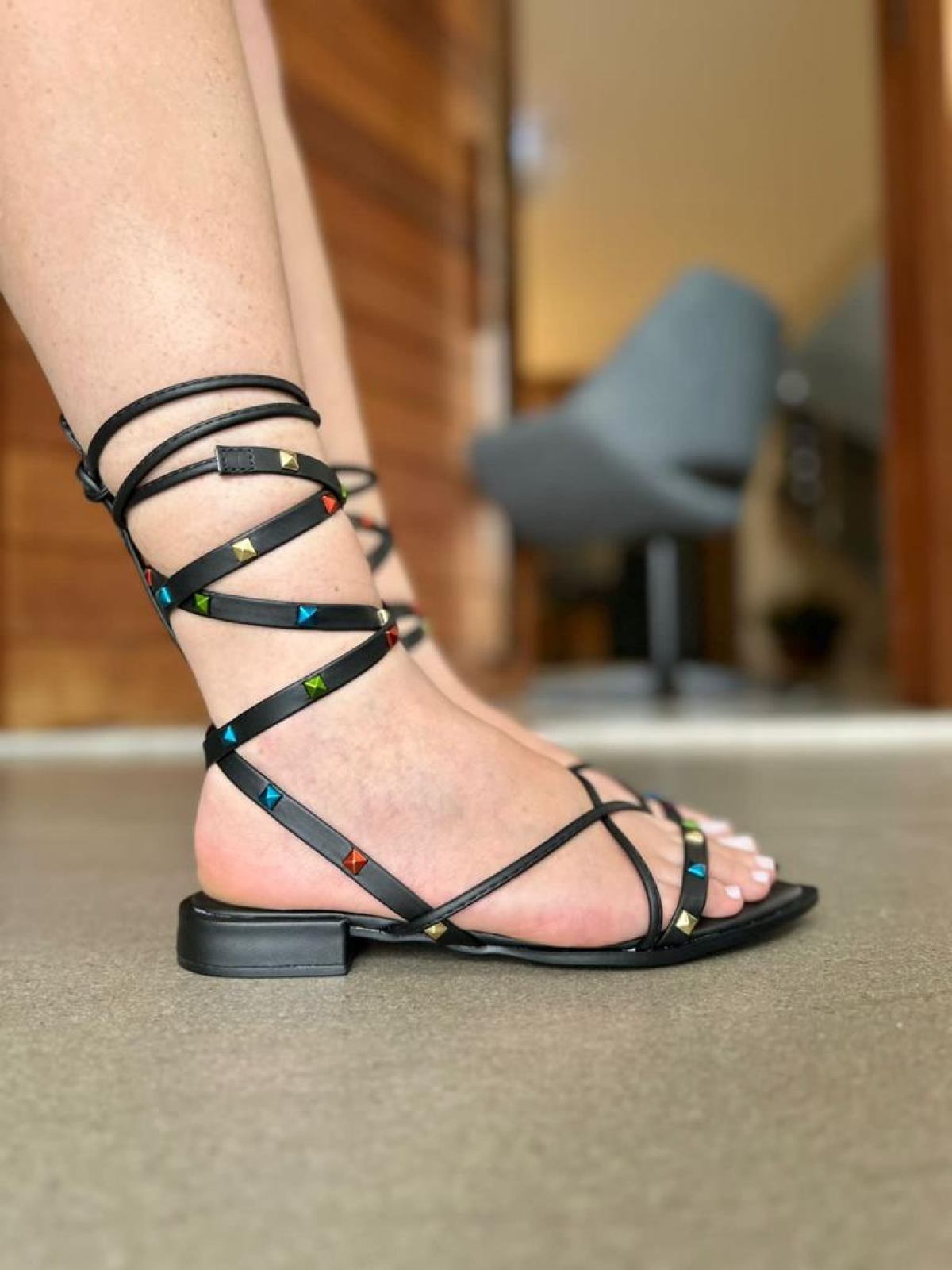 Sandalia Feminina Rasteira spike amarração SPF506 Preto - Image 3