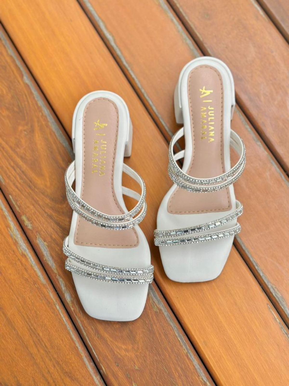 Tamanco Feminino Salto Bloco Tiras Strass SM901 Branco - Image 3