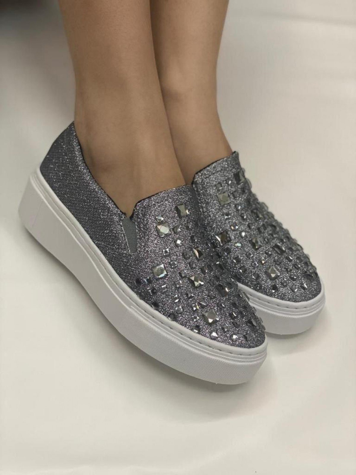 Tênis Slip Plataforma Feminino Pedraria LP2032 Prata